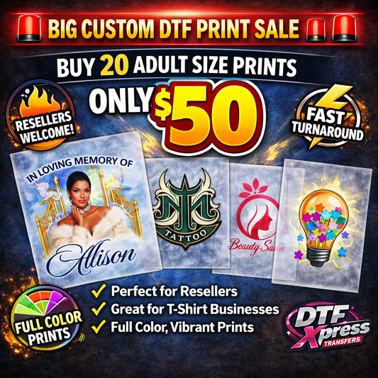20 x $50 DTF Custom Transfers Individual print * ADULT size (10.85") (LIMITED TIME OFFER)